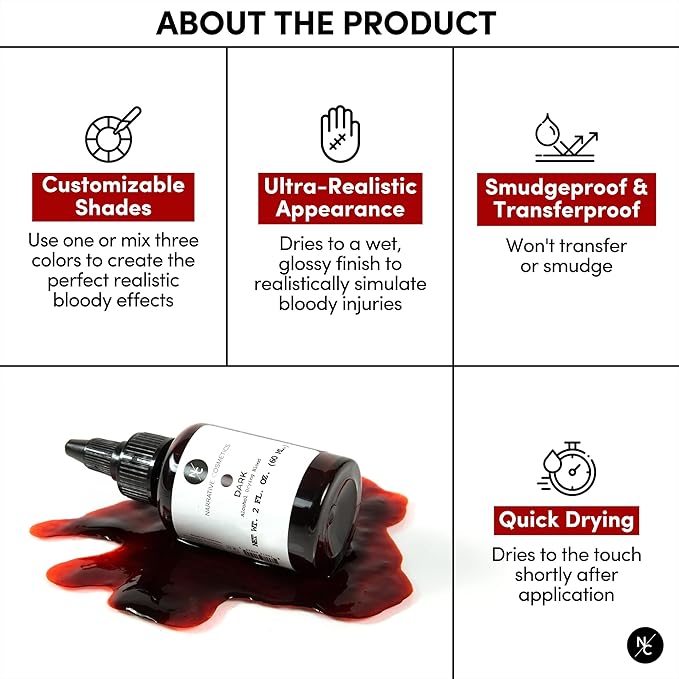 Alcohol Drying Blood, Ultra-Realistic Fake Liquid Blood, SFX Makeup for the Stage, Film, Halloween, and Cosplay - Dark, Fresh and Scab Blood Kit - 2oz Bottles