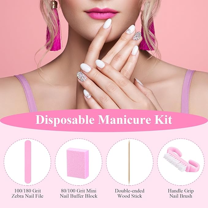 100 Sets Professional Disposable Manicure Kit Basics 4 Piece Nail Kit Wood Nail File 100/180 Grit, Mini Buffer 80/100 Grit, Wood Stick and Handle Grip Brush Gifts(Pink)