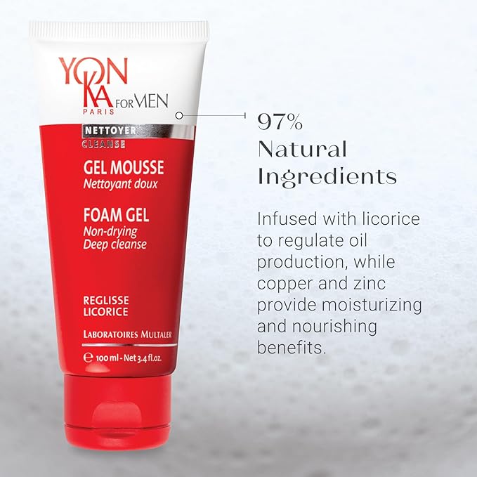 Yon-Ka Mens Foam Gel Cleanser (100ml) Moisturizing Face Wash for Deep Clean, Remove Oil and Buildup with Liquorice for Daily Cleansing