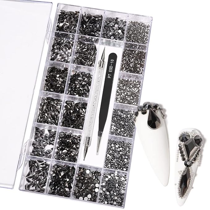 12 Types of Mine Black 600 Diamonds + 2500 Flat Rhinestones Mix 20 Styles Flatback DIY Crafts Rhinestone Crystals 3D Decorations Flat Back Stones Set +Tweezers + Drill Pen