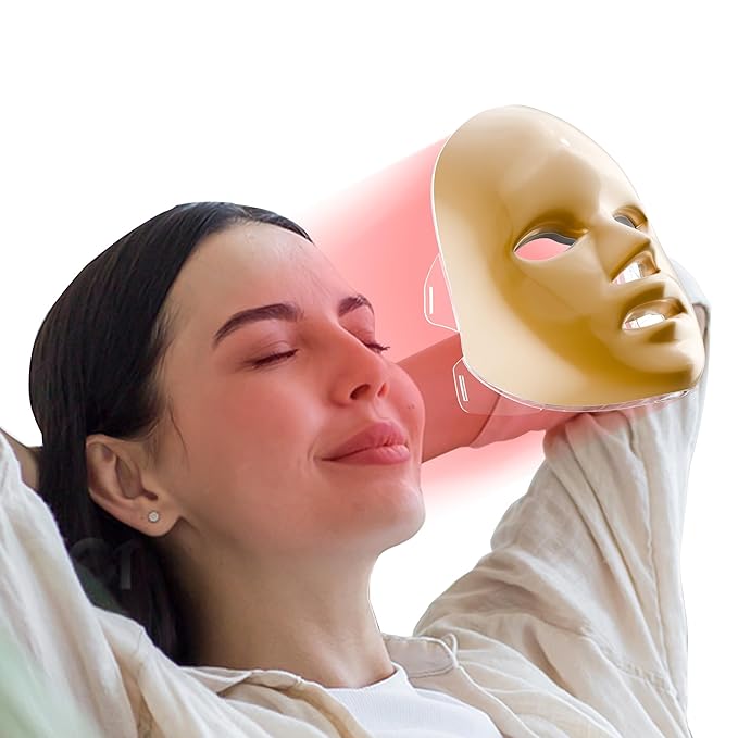 7-1 Colors LED Facial Skin Care Mask,Red Light Therapy Mask for Face, Cordless Led Face Mask Light Therapy,Salon or Home,Golden.