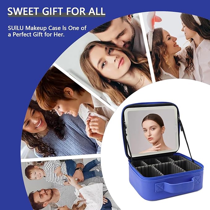 Travel Makeup Bag with LED Lighted Mirror,Cosmetics Organizer, Makeup Bag with 3 Color Lighted Setting, Portable Storage and Adjustable Dividers Travel Makeup Bag(dark blue)