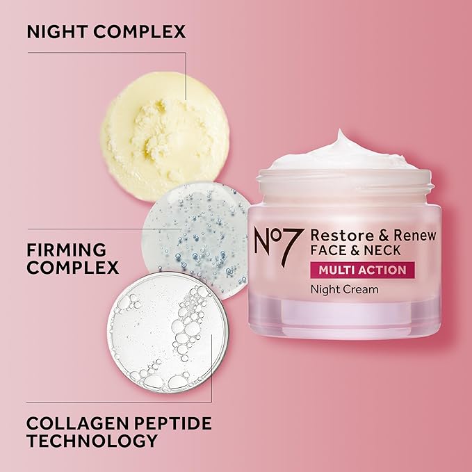 No7 Restore & Renew Multi Action Night Cream for Face & Neck - Nighttime Face Moisturizer with Collagen Peptides - Anti Aging Skin Care for Crepey Skin with Hyaluronic Acid & Ceramides (1.69 Oz)