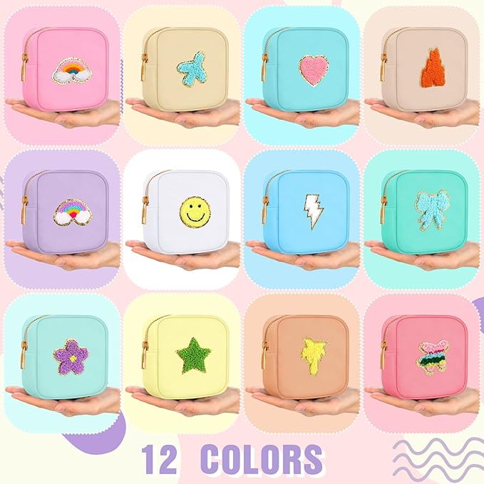 Sumind 12 Pcs Preppy Patch Cute Makeup Bag Travel Cosmetic Toiletry Chenille Skincare Bag Portable Nylon Organizer Storage Purse Small Zipper Makeup Pouch Daily Use Storage Purse for Women Girls Gift