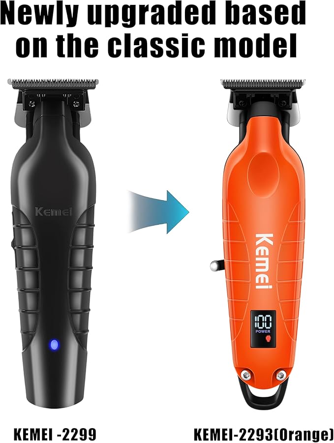 KEMEI 2293 Professional Hair/Beard Trimmer for Men Zero Gapped Hair Clippers for Barber with T Blade, Cordless Rechargeable, Orange
