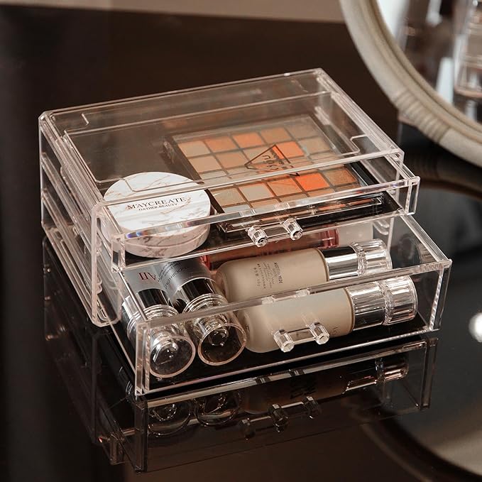 Cq acrylic 3 Pack Clear Makeup Organizer Countertop,Stackable 7 Drawers Skincare Organizer,Cute Skin Care Organizer for Vanity Hair Clip,Jewelry,Beauty Product Desk and Make Up Organizers for Vanity