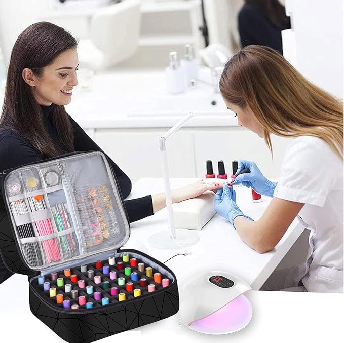 Nail Polish Organizer Hold 42+ Bottles Nail Polish & Nail Lamp, Nail Storage Case Double-Layer Nail Bag Holder with Sturdy Handle(Black)