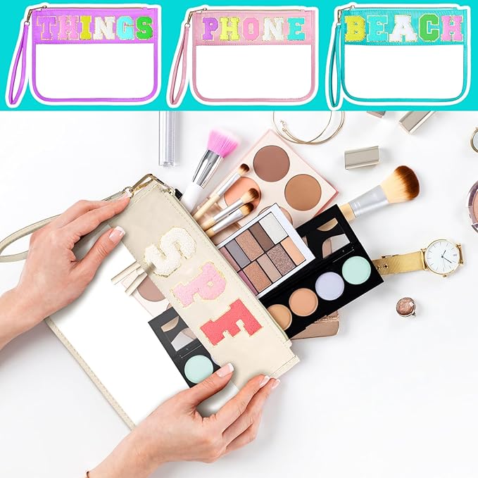 Buryeah 4 Pcs Chenille Letter Pouch Flat Nylon Clear Snack Bags Flat Multipurpose Zipper Makeup Bag for Travel Toiletry Bag Water-proof Cosmetic Pouch for Women(Modern Style)