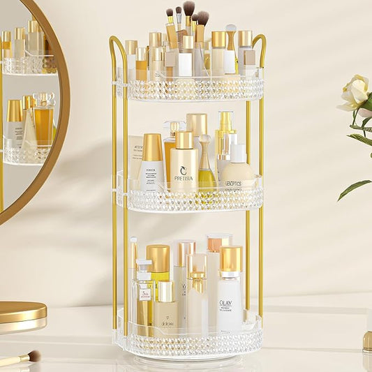 Rotating Makeup Organizer for Vanity 3 Tier, Perfume Organizer with Makeup Brush Holder, Large Capacity Cosmetics Clear Skincare Organizer for Countertop (Transparent)