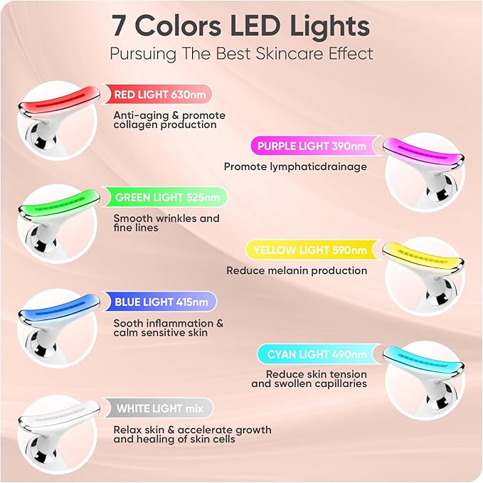 Face and Neck Massager Tool, 7 Colors LED Light Therapy Wand for Wrinkles, Double Chin, Portable Facial Massager with Vibrating and Thermals for Skin Care, Glossy White