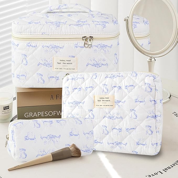 3Pcs Makeup Bag Cotton Quilted Travel Cosmetic Bag Cute Floral Makeup Pouch Large Toiletry Bag for Women Girls (Blue cat)