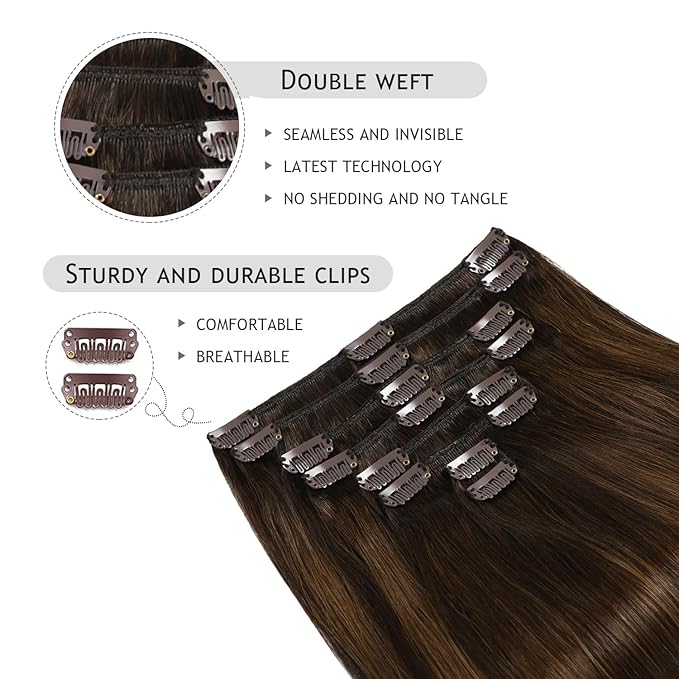 YILITE Hair Extensions Clip in Human Hair 8Pcs 120Gram/Pack #2/6/2 Balayage Dark Brown to Chestnut Brown Silky Remy Human Hair Double Weft Straight Real Hair Extensions Clip ins Thick