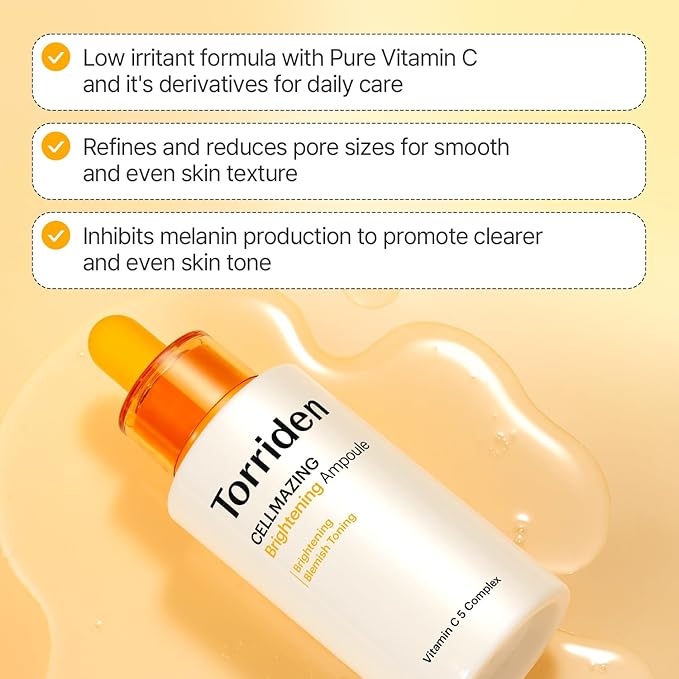 Torriden CELLMAZING Vita C Ampoule 30ml (1.01 fl.oz.) | Refining Sagging Pores and Skin Texture | 5D Vitamin C, Seaweed Complex, Panthenol | Korean Facial Serum