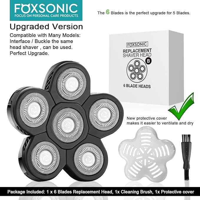 Universal 6 Blade Replacement Heads for Mainstream Shaver Brands, Bald Shaver Replacement Heads with Blade Cover (Black)