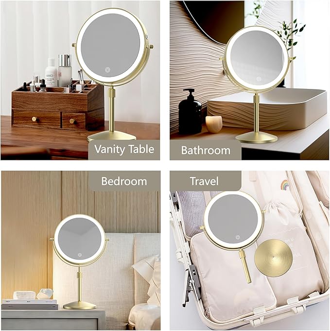 8" Lighted Makeup Mirror, 1X/10X Magnification Mirror with Lights, Double Sided Dimmable Mirror, Rechargeable & Brightness & Height Adjustable, Cordless Vanity Mirror(Gold)