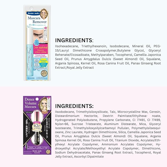 HEROINE MAKE by KISSME Mascara Duo Set | 2 Full-Size -Volumizing & Curl, Long-lasting False Eyelash Effect w/Curvy Brush Advanced Film 01 Jet Black + Gentle Eye Makeup Remover for Waterproof Mascara