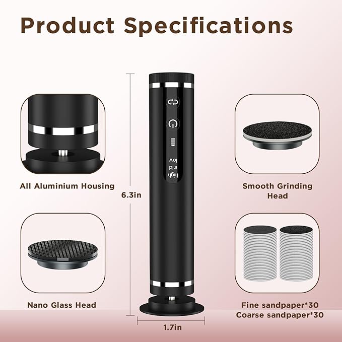 Electric Foot Callus Remover with Nano-Glass Head, Brushless Electric Foot File with 60 Pcs Sandpaper Discs, Cordless Callus Remover for Feet with 3 Speeds, Mothers Day Gift, Pedicure Tools for Feet