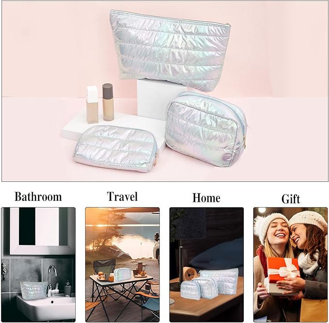 Hiroyuki 3pcs Iridescent Quilted Makeup Bag (plain, cyan)