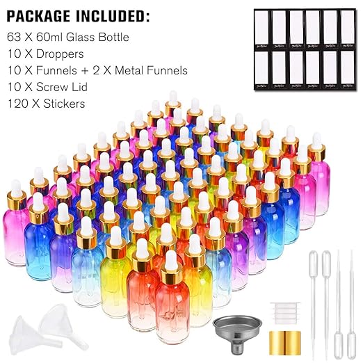 Eye Dropper Bottle 2 oz (63 Pack Rainbow Glass Bottles 60ml with Golden Caps, 2 Extra Eye Droppers, 120 Labels, 10 Funnel & Measured Pipettes)