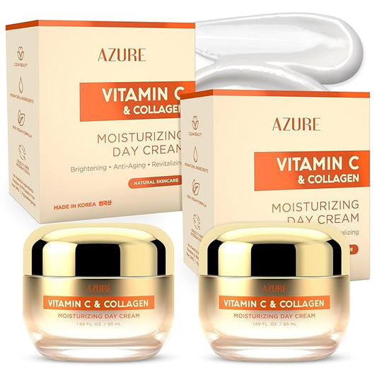Azure Cosmetics Vitamin C & Collagen Face Moisturizer - Dermatologist Tested, Anti-Aging, Skin Tightening & Brightening, Clean, Cruelty-Free Face Cream - Korean Skin Care - All Skin Types - 2 Pack