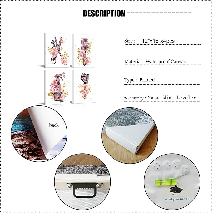 SkenoArt Beauty Salon Wall Art Haircut Tools Painting Hair Salon Barbershop Pictures Hairdresser Wall Decor Fashion Cosmetic Canvas Art Painting Gifts for Hair Stylists Woman Framed