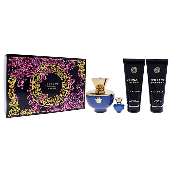 Versace Dylan Blue 3.4oz EDP Spray, 3.4oz Body Lotion, 3.4oz Bath and Shower Gel, 0.16oz EDP Spray Women 4 Pc Gift Set