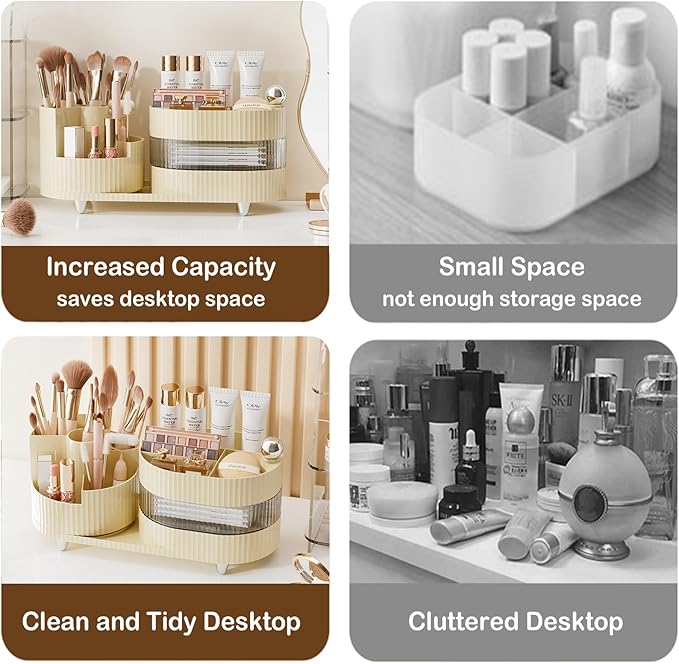 Ivory Rotating Vanity Organizer with Drawer & Brush Holder - 3 Layer Cosmetic Skincare & Perfume Storage - Countertop Makeup Display Case