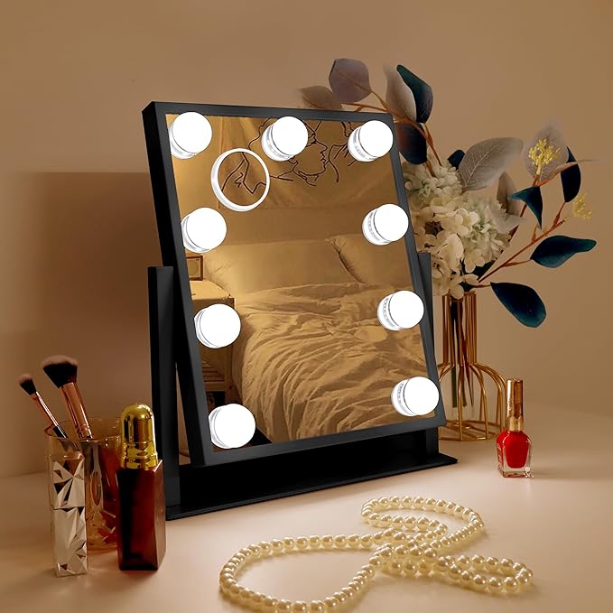 10" x 12" Vanity Mirror with Lights, 360°Rotation Tabletop Makeup Mirror with 9 LED Lights Bulbs, Portable Travel Mirror with 3 Color Lighting Modes, Mirror with Lights for Bedroom, Black