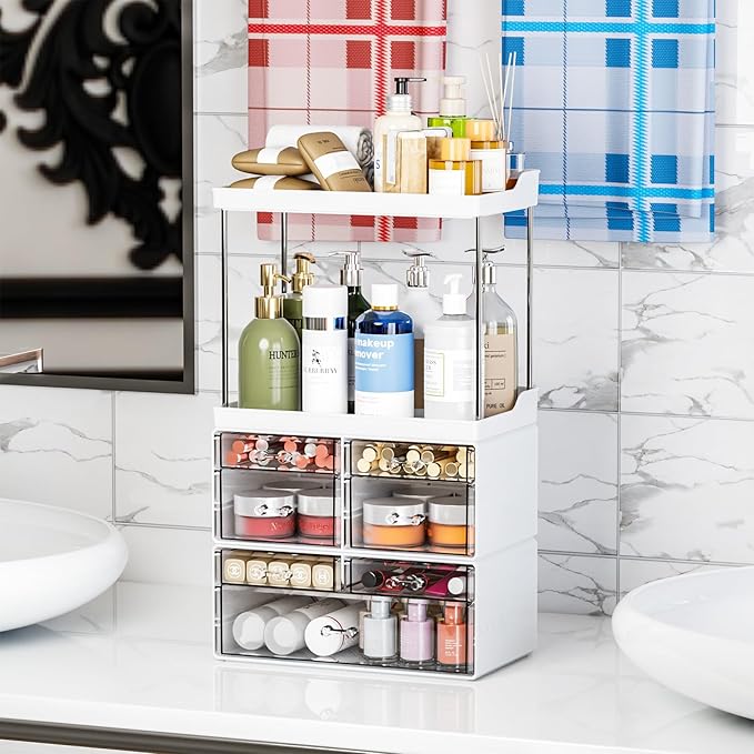 3 Pack Bathroom Organizers and Storage Countertop With 7 Drawers,Stackable Skincare Products Organizers,18.9" Tall Large Capacity Skincare Organizer and Exquisite Top of Dresser Organizer,White