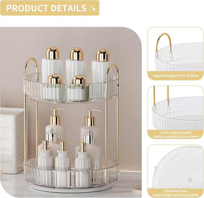 360° Rotating Makeup Organizer for Vanity - 2 Tier Perfume Organizer with Large Capacity - Skincare Organizer for Bathroom Counter - Space-Saving Cosmetic Storage for Dresser Countertop (Clear)