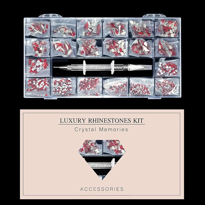 12 Types of Red 600 Diamonds + 2500 Flat Rhinestones Mix 20 Styles Flatback DIY Crafts Rhinestone Crystals 3D Decorations Flat Back Stones Set + Rhinestone Picker Wax Pen