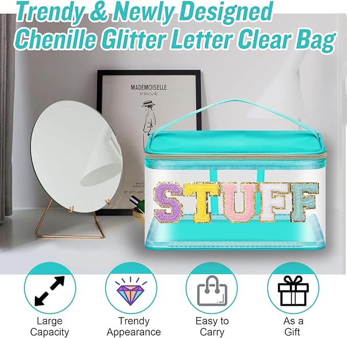 Chenille Letter Clear Makeup Bags Stuff Pouch, Preppy Patch Makeup Bag Zipper with Handle, Transparent PVC & Nylon Waterproof Glitter Cosmetic Handbag Travel Toiletry Storage for Women (STUFF-Green)