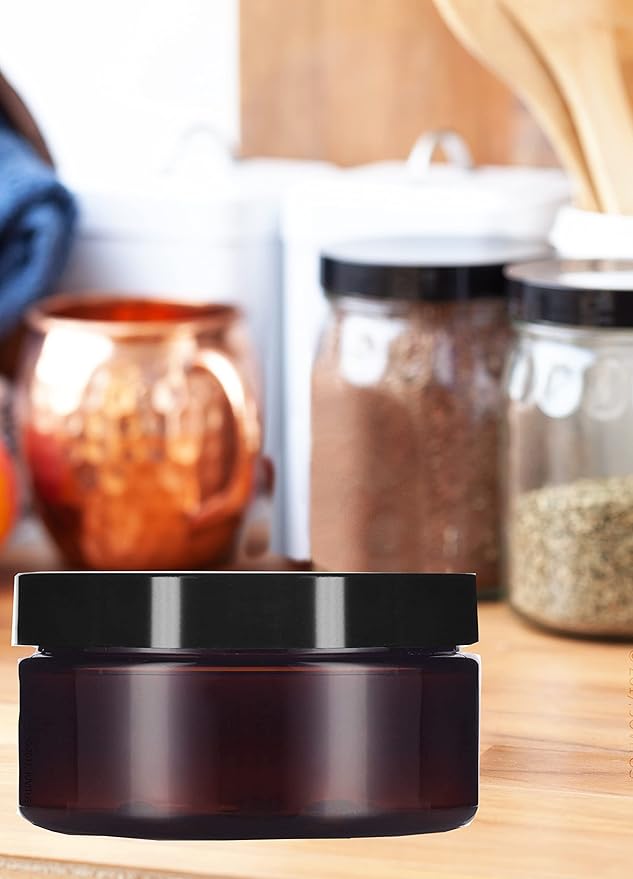 8 oz Amber PET Plastic Refillable Low Profile Jar Black Smooth Lid (12 pack)