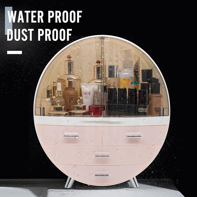 13.4''x15.7'' Makeup Organizer Large Capacity Waterproof and Dustproof Cosmetic Display Cases Desktop Beauty Storage Drawer Lipstick Skin Care Shelf (L, Pink)