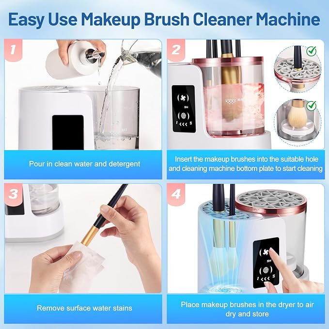 3 IN 1 Electric Makeup Brush Cleaner Machine - 2/5 Hour Drying, One-Touch Touchscreen Makeup Brush Cleaner Machine, Universal Fit for All Brush Sizes, Efficient Wash & Dry