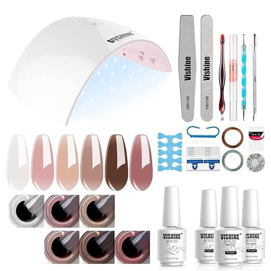 Vishine Gel Nail Polish Starter Kit with 36W UV LED Nail Lamp Speed Dryer Manicure Tools Set of 6 Sheer Milky White Neutrals Skin Nude Jelly Transparent Colors Gel Polish Base and Top Coat #055