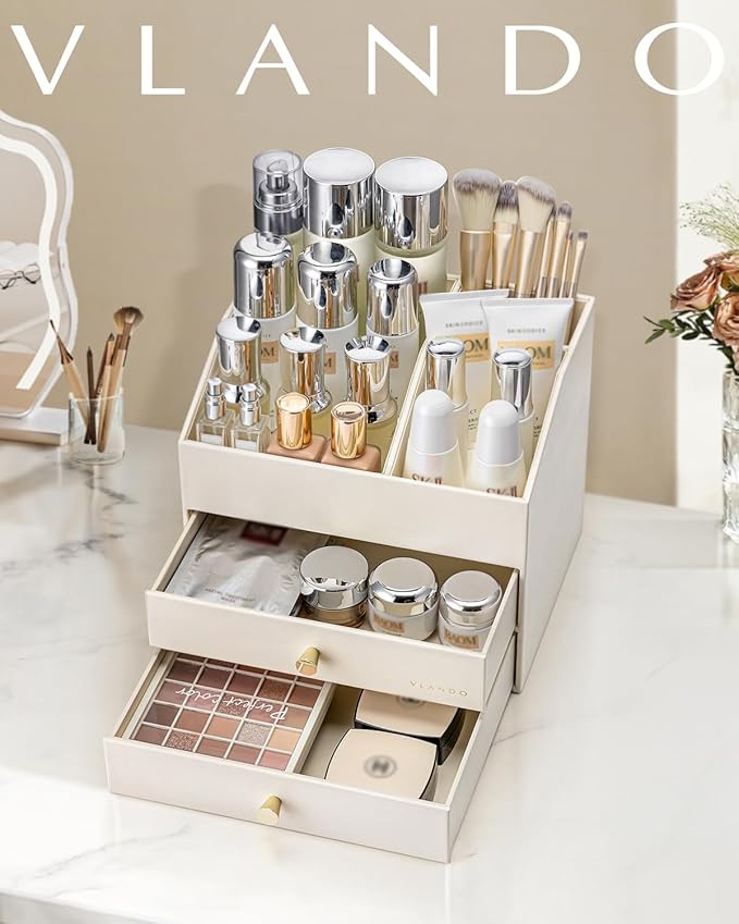 Vlando Makeup Organizer for Vanity,Large Capacity Countertop Organizer with Drawers, PU Leather Cosmetic Display Case for Lipstick,Brushes,Skincare,Bathroom and Bedroom Storage (Beige)