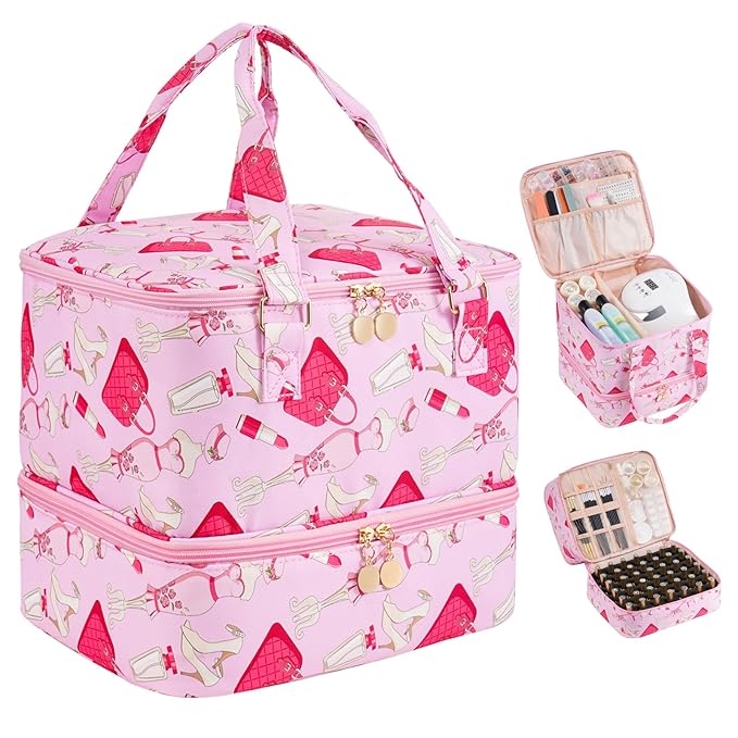 Uross Lipstick Nail Polish Organizer Bag for Teenager Girls Holds 42 Bottles Nail Polish & Nail Kit Storage Organizer Bag Nail Supplies Organizer Case for Nail Tech Gifts