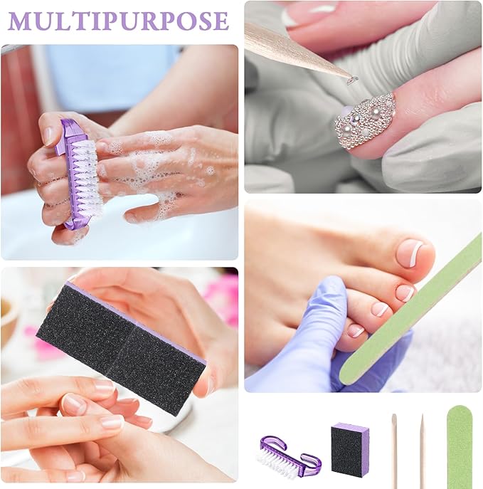 100 Sets Professional Disposable Manicure Kit Basics 4 Piece Nail Kit Wood Nail File 100/180 Grit, Mini Buffer 80/100 Grit, Wood Stick and Handle Grip Brush Gifts(Purple)