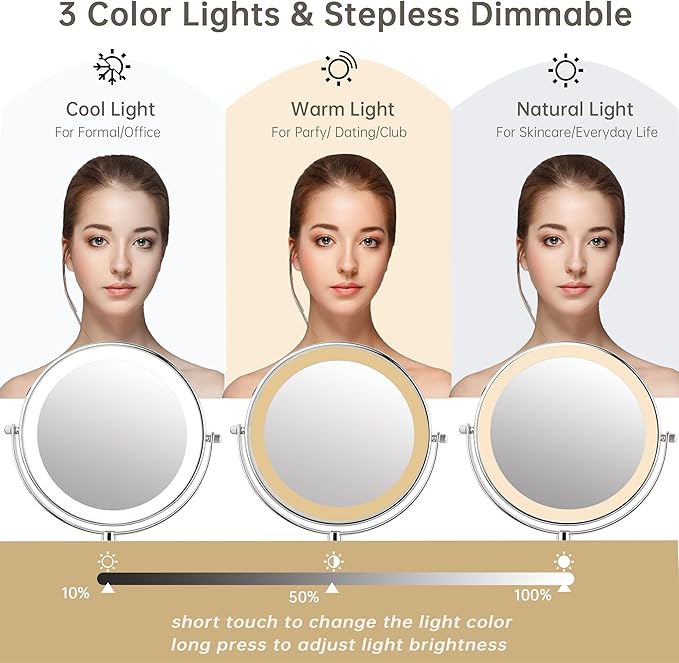 JANEEVA 10X Wall Mounted Lighted Makeup Mirror, Rechargeable Double Sided 1X/10X Magnifying Vanity Mirror with 3 Color Lights, Touch Dimmable, Extended Arm 360° Rotation, 8 inch