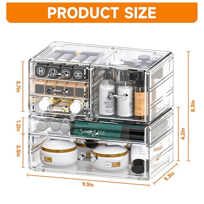Cq acrylic 2 Pack Clear Desk Organizer With Drawers,Stackable 6 Drawers Skincare Organizer,Cute Skin Care Organizers for Vanity Hair Clip,Jewelry,Beauty Product Desk and Makeup Organizers Countertop