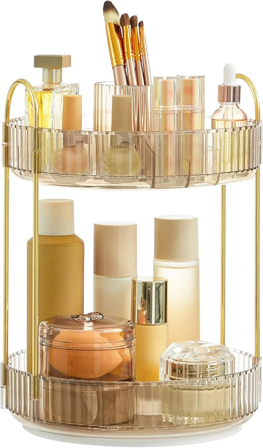 SONGMICS Makeup Organizer, 2-Tier Round Rotating Skincare Organizer Countertop, Customizable, Toiletries Vanity Organizer, Lazy Susan, Gift for Mom, Champagne Gold UJKA012A01