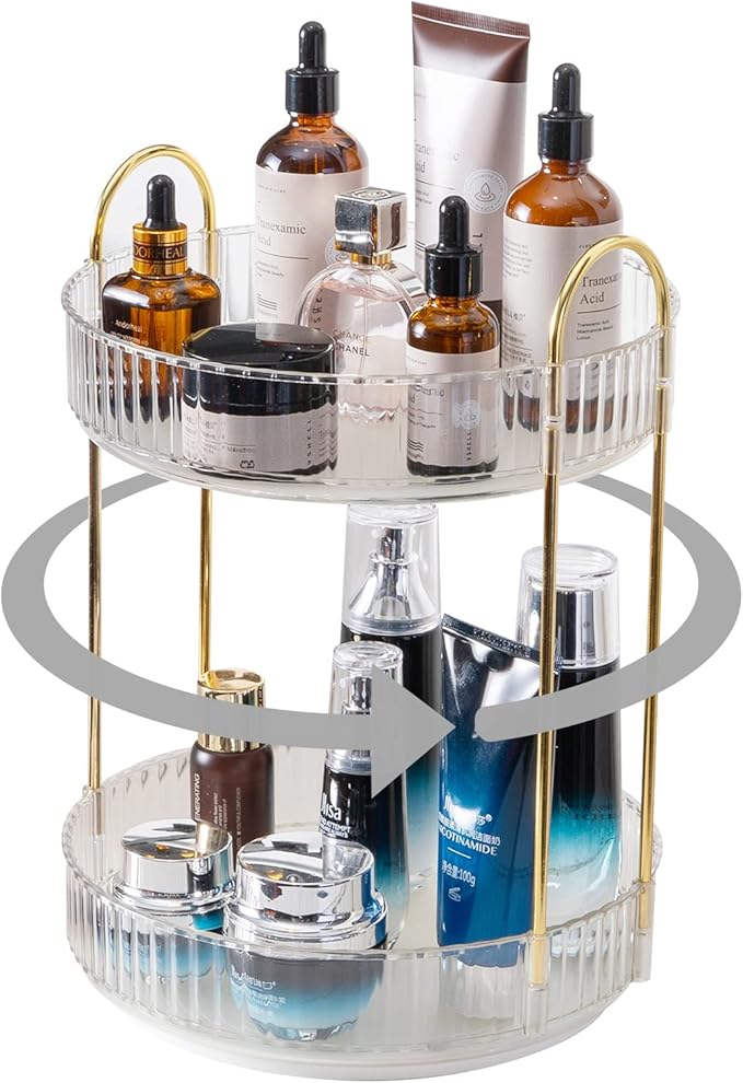 360° Rotating Makeup Organizer, Bathroom Make Up Spinning Holder Rack, Large Capacity Cosmetics Storage Vanity Shelf Countertop, Fits Cosmetics, Perfume, Skincare(2 Tiers, Clear)