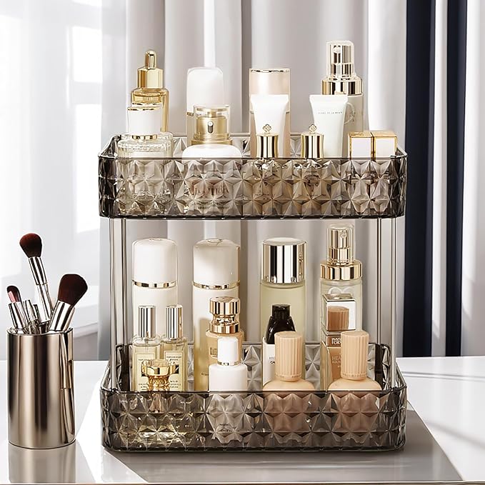 Makeup Organizer for Vanity,Bathroom Countertop Skincare Organizer,Makeup Counter Shelf Perfume Holder Rack,Cosmetic Display Case(Clear Black, 2 Tier)