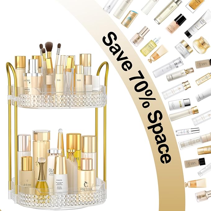 360 Rotating Makeup Organizer 2 Tier, Large Skincare Clear Make Up Storage Spinning Perfume Organizers for Bathroom Counter Dresser, White
