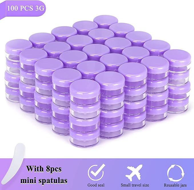 100PCS 3 Gram Sample Containers, 3ml Empty Jars with Lids, Small Cosmetic Containers, Mini Sample Jars with 8PCS Mini Spatulas for Make Up, Oils, Lotion, Powder, Paint, Jewelry, Lip Balms(Purple Lid)