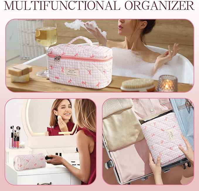 Makeup Bag, 3 PCS Quilted Makeup Bag, Cute Floral Cotton Cosmetic Bag set, Coquette Makeup Pouch Large Travel Toiletry Bag