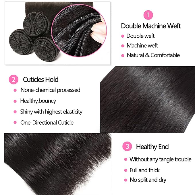 10A Straight Bundles with Closure 16 18 20 with 14 Inch Human Hair Bundles with Closure 100% Unprocessed Brazilian Virgin Human Hair Weave with Closure HD Lace