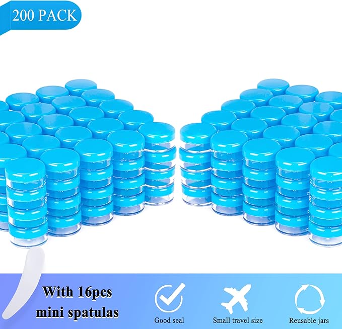 200PCS 3 Gram Sample Containers, 3ml Empty Jars with Lids, Small Cosmetic Containers, Mini Sample Jars with 16PCS Mini Spatulas for Make Up, Oils, Lotion, Powder, Paint, Jewelry, Lip Balms(Blue Lid)
