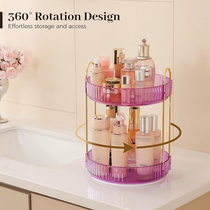 Aveniee Rotating Makeup Organizer for Vanity, Perfume Skincare Organizers Spinning, 2 Tier Bathroom Countertop Storage Organizer, Cosmetics Lipstick Holder for Countert Dresser(Purple)